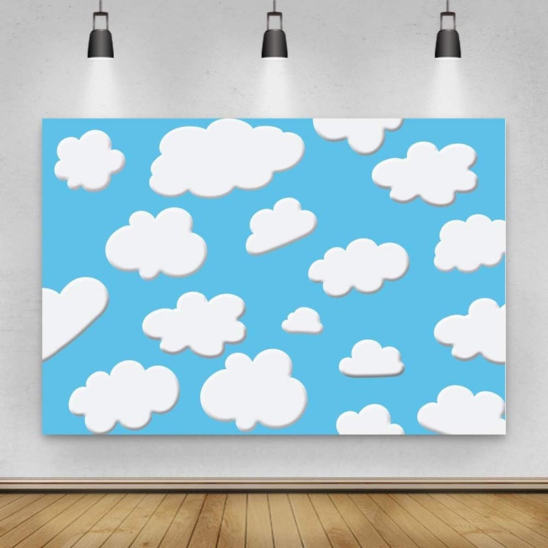 Laeacco 10x6.5ft Cartoon Blue Sky White Clouds Background Cute Clouds Kids Birthday Party Background Newborn Baby Shower Dessert Table Banner Boy Baby Shower Party Decoration Children Photo Studio - Image 2